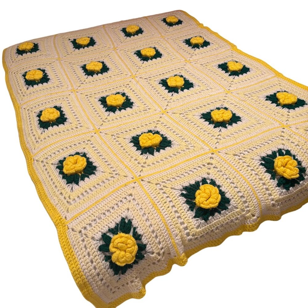 Vintage Handmade Crochet Blanket Yellow Raised 3D Flowers Granny Squares Afghan - Picture 1 of 6